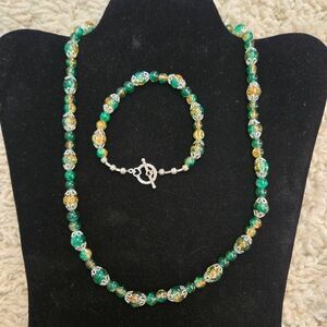 New Artisan Green Gold Glass Bead Necklace & Bracelet Set Sterling Clasps